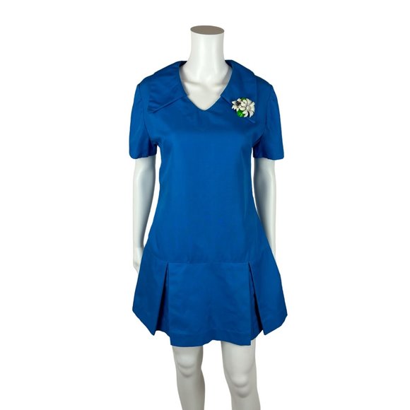 Vintage 60s Scooter Dress Women's Medium Mod Royal Blue V-Neck Dropped Waist - Picture 2 of 11
